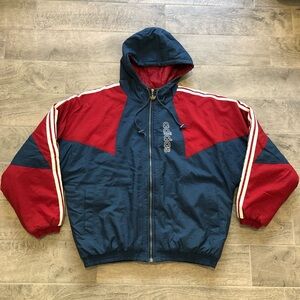 Vintage 80s 90s Adidas Trefoil Hoodie Puffer Jacket Navy Blue Red Mens Size XL